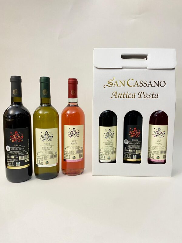 Confezione regalo con 3 bottiglie di vino miste: Trebbiano “DAUNIA”, Rosato, Rosso Troia “DAUNIA”