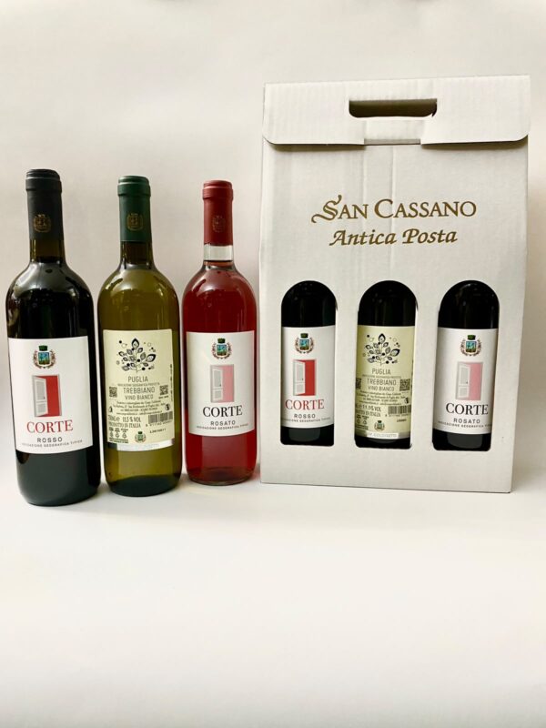Confezione regalo con 3 bottiglie di vino miste: Trebbiano “PUGLIA”, Rosato, Rosso Troia “PUGLIA”